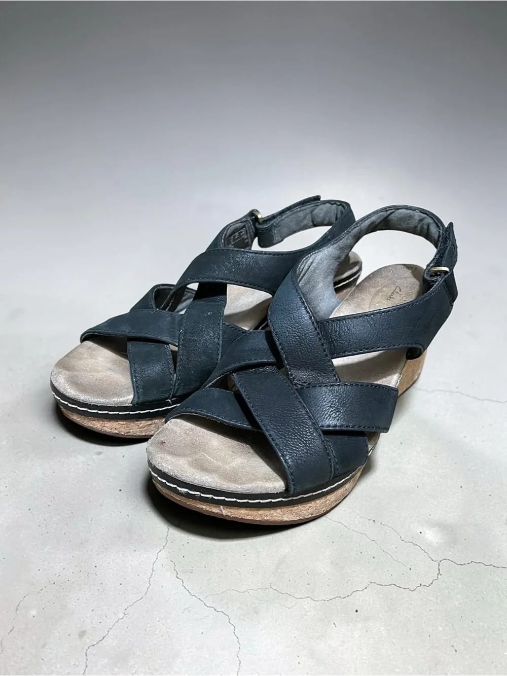 Clarks Collection Black Leather Cork Wedge Slingback Sandals Women’s 8.5